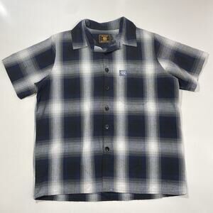 FB County Checker Shirt Mens Small Blue Black Gray Short Sleeve Button Up